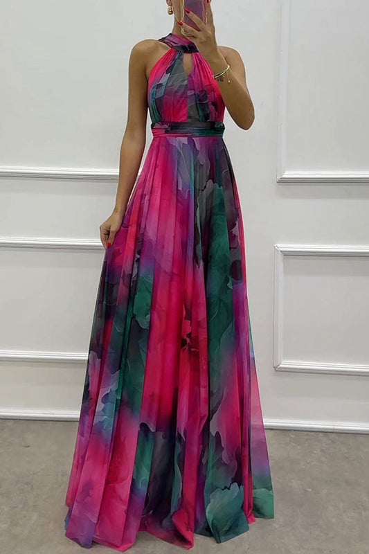 Elaine - Vestido largo de tul con estampado floral, aberturas y cuello halter