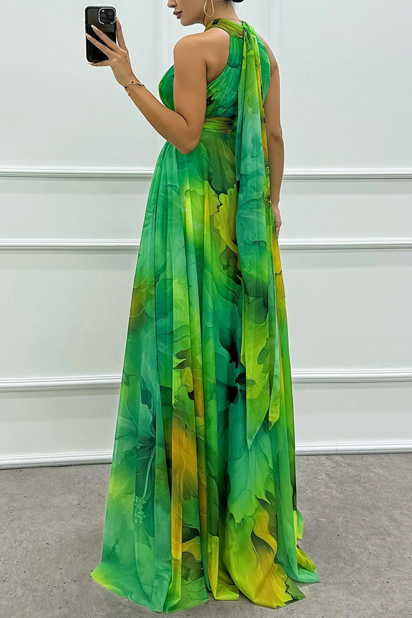 Elaine - Vestido largo de tul con estampado floral, aberturas y cuello halter