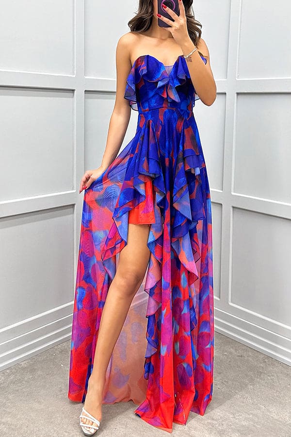 Georgia - Vestido largo sin hombros con degradado, estampado, volantes y abertura