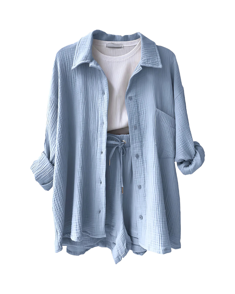Maylee – Conjunto de camisa abotonada y pantalones cortos con textura