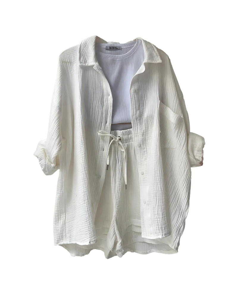 Maylee – Conjunto de camisa abotonada y pantalones cortos con textura