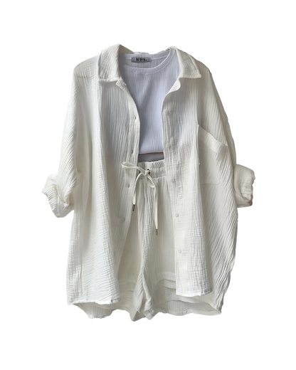 Maylee – Conjunto de camisa abotonada y pantalones cortos con textura