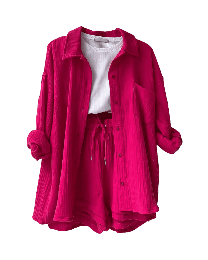 Maylee – Conjunto de camisa abotonada y pantalones cortos con textura