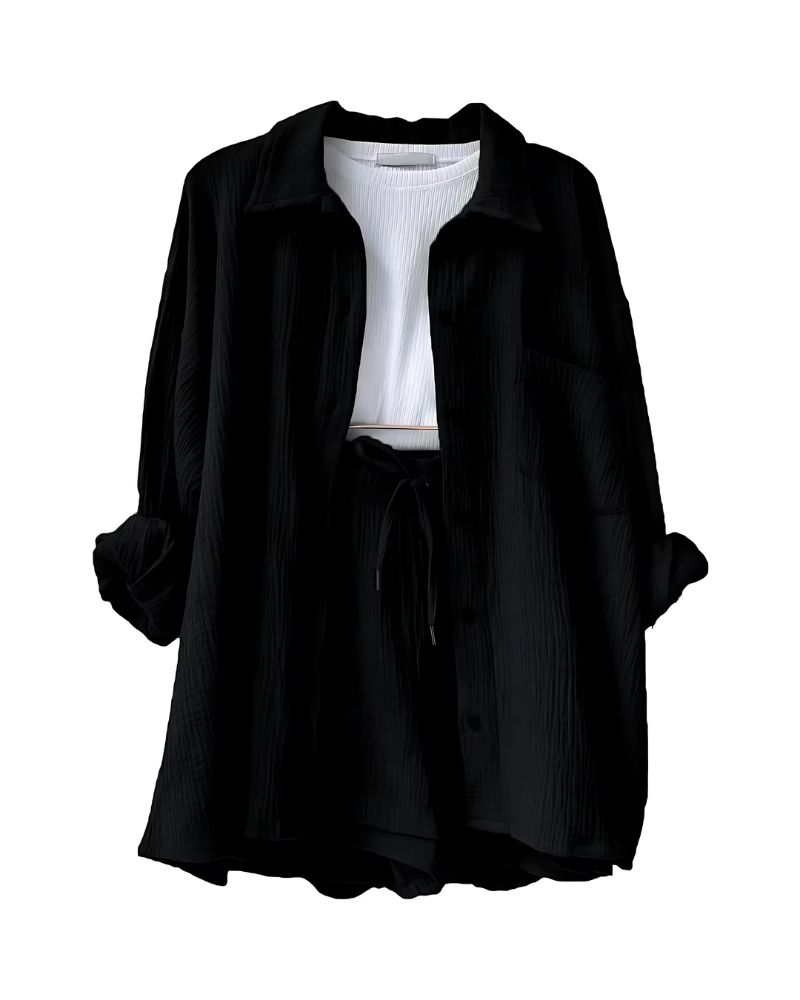 Maylee – Conjunto de camisa abotonada y pantalones cortos con textura