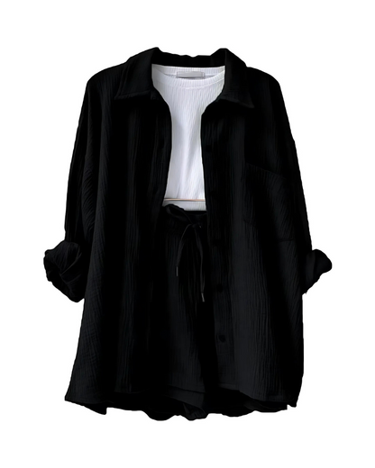 Maylee – Conjunto de camisa abotonada y pantalones cortos con textura