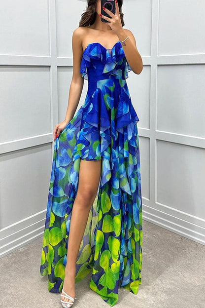 Georgia - Vestido largo sin hombros con degradado, estampado, volantes y abertura