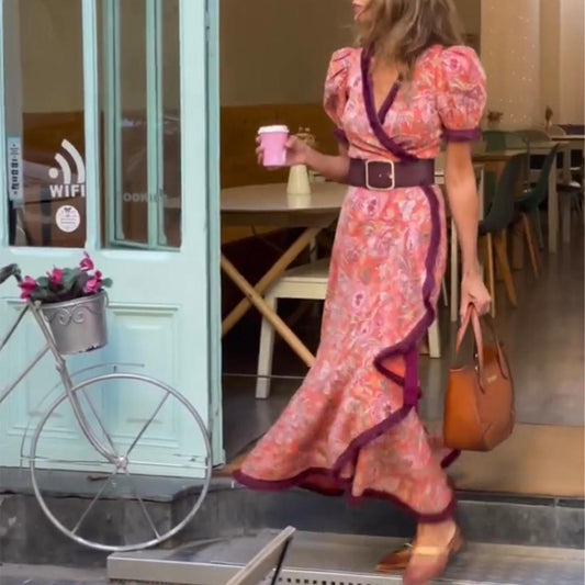 Alona - Vestido largo con mangas globo y corte asimétrico