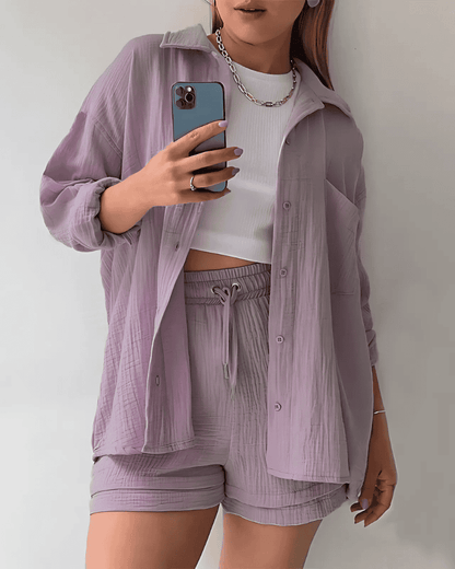 Maylee – Conjunto de camisa abotonada y pantalones cortos con textura