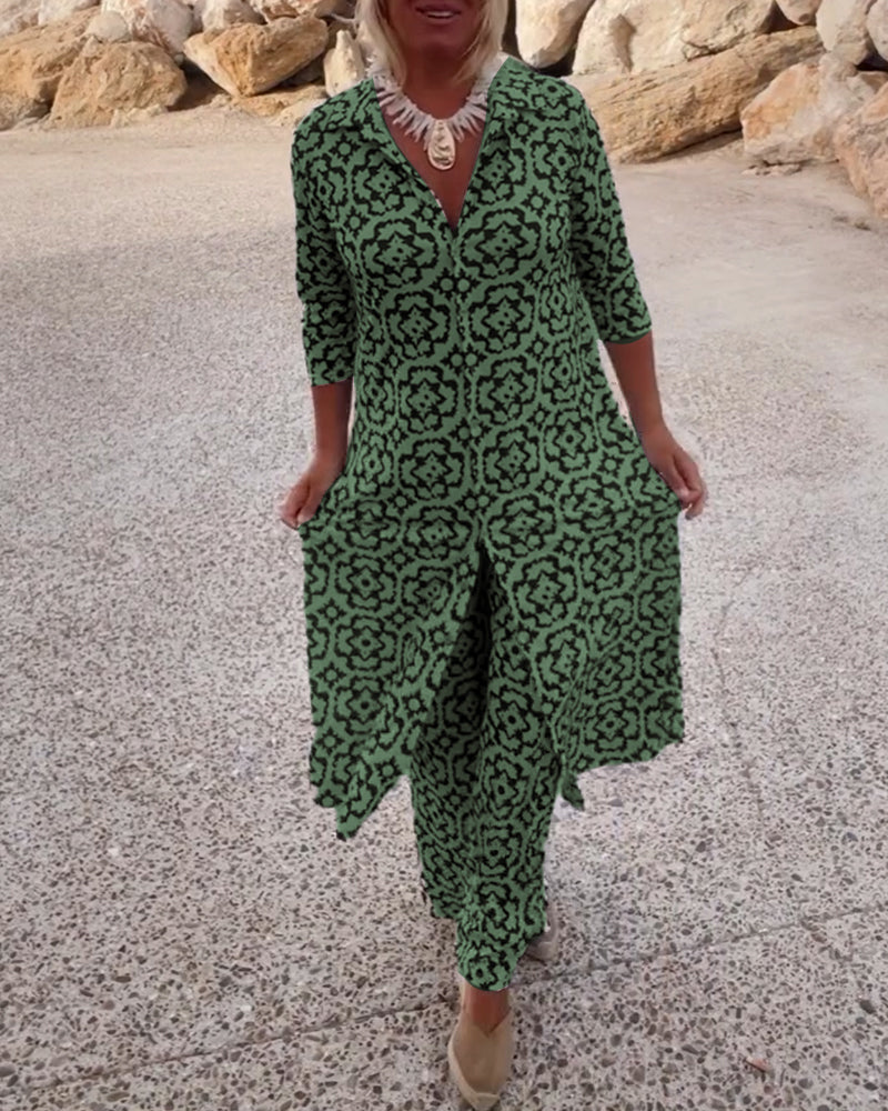Livia - Conjunto vintage estampado con solapas y botones