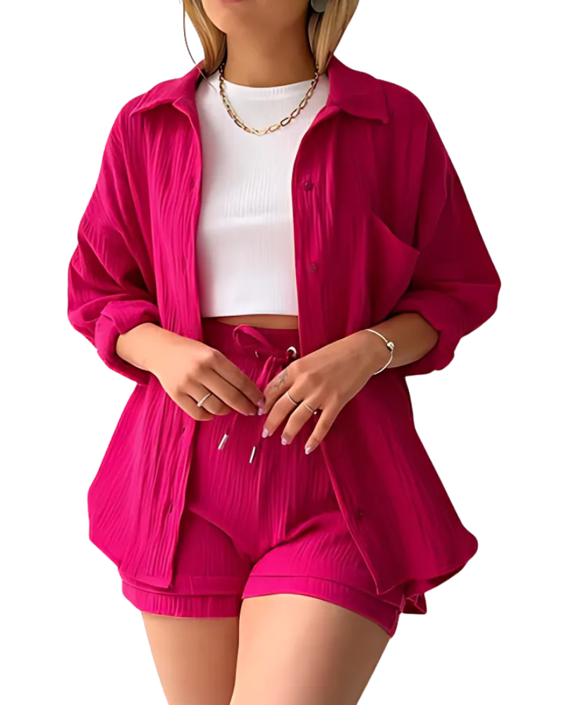 Maylee – Conjunto de camisa abotonada y pantalones cortos con textura