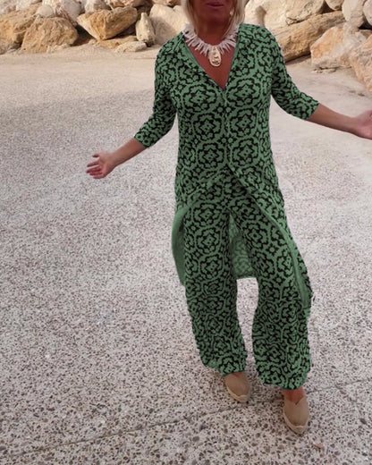 Livia - Conjunto vintage estampado con solapas y botones