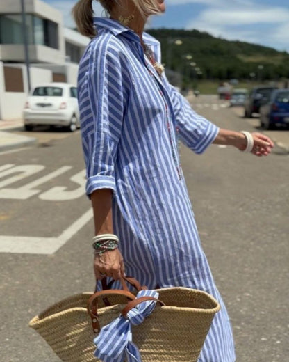 Yesenia - Vestido camisero con cordones a rayas clásicas
