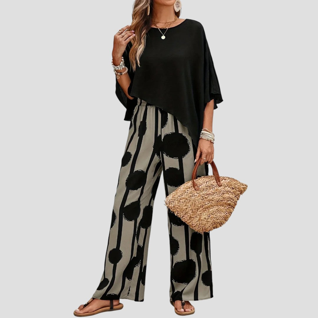 Milavie - Conjunto de mujer a la moda con top asimétrico y pantalón estampado