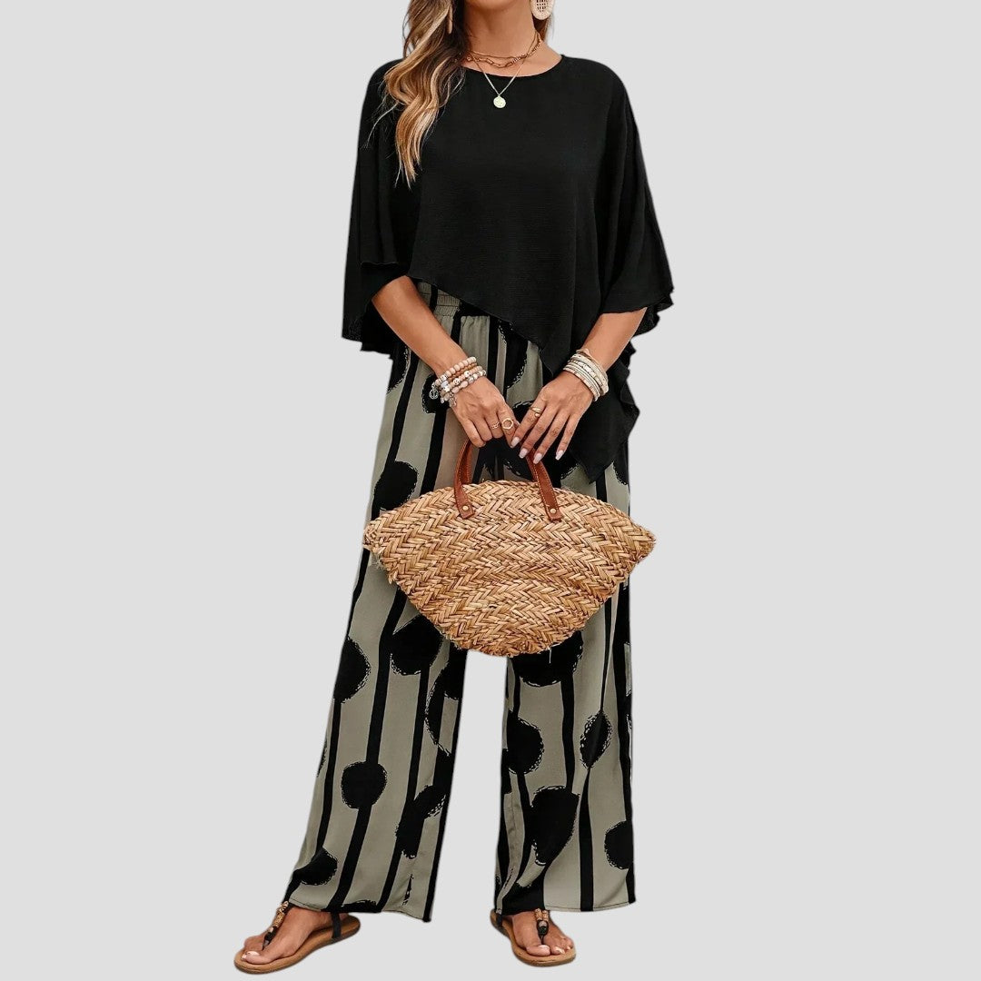 Milavie - Conjunto de mujer a la moda con top asimétrico y pantalón estampado