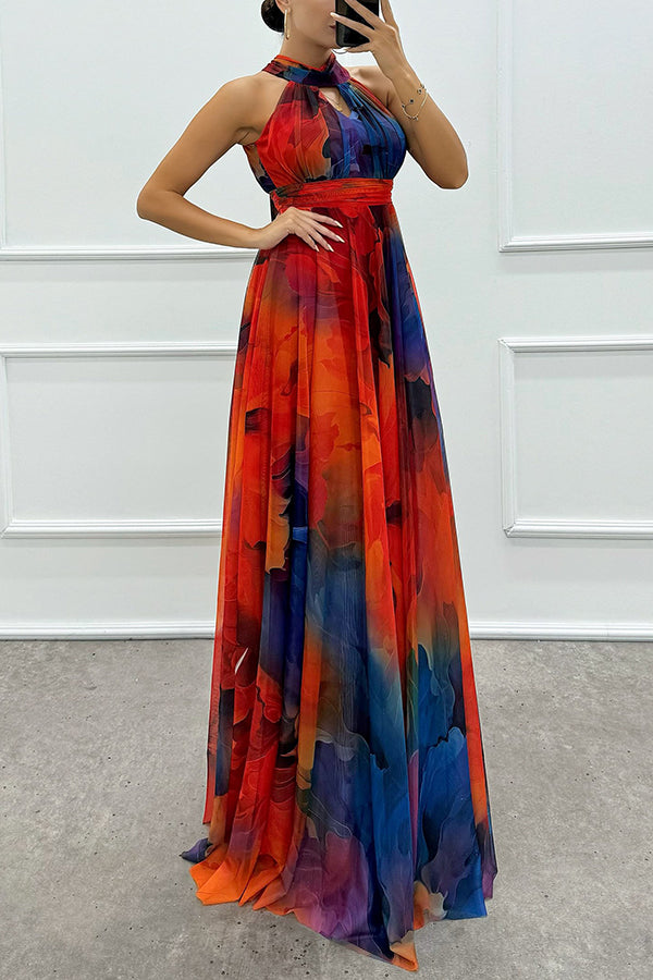 Elaine - Vestido largo de tul con estampado floral, aberturas y cuello halter