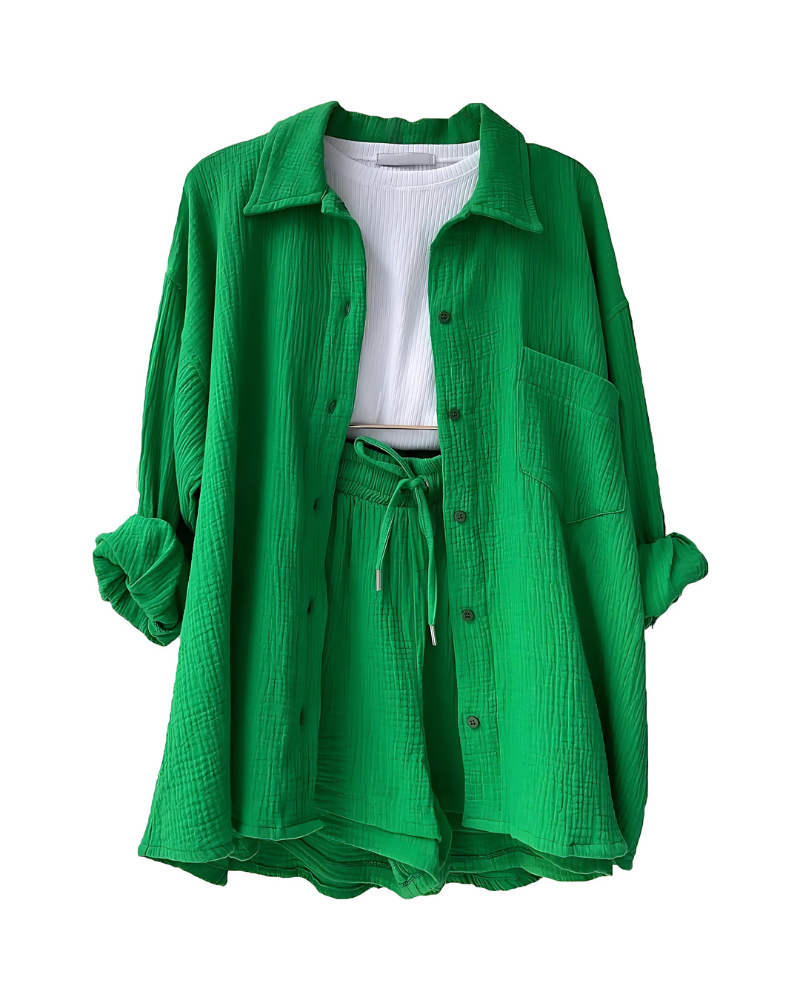 Maylee – Conjunto de camisa abotonada y pantalones cortos con textura