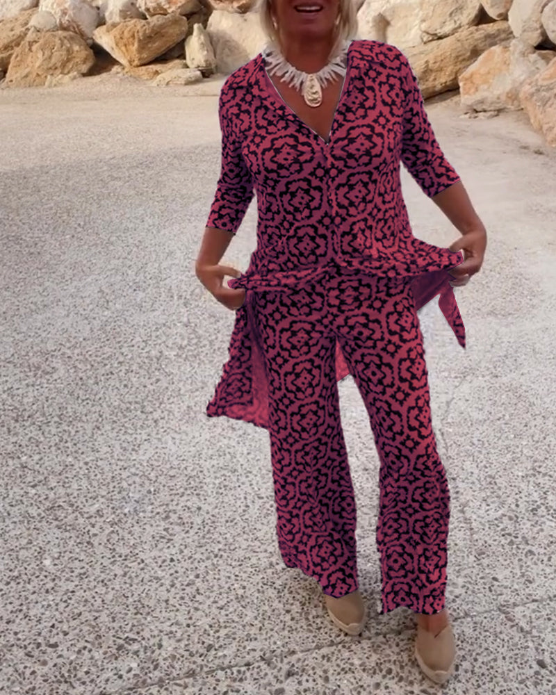 Livia - Conjunto vintage estampado con solapas y botones
