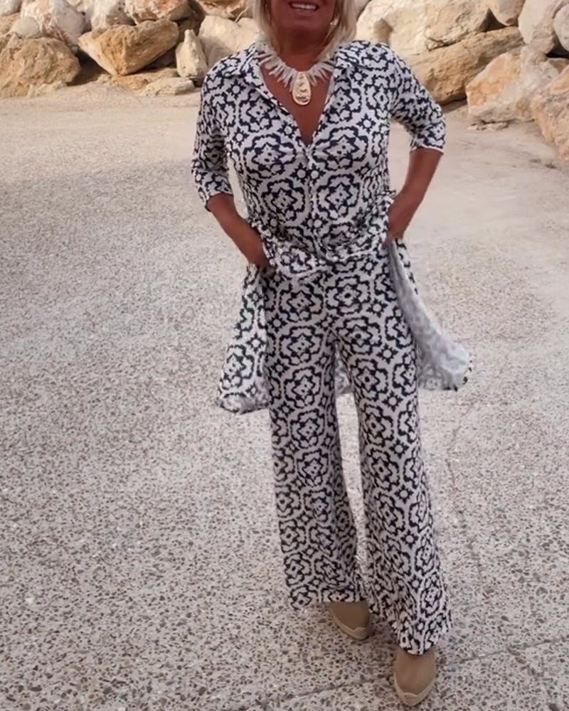 Livia - Conjunto vintage estampado con solapas y botones
