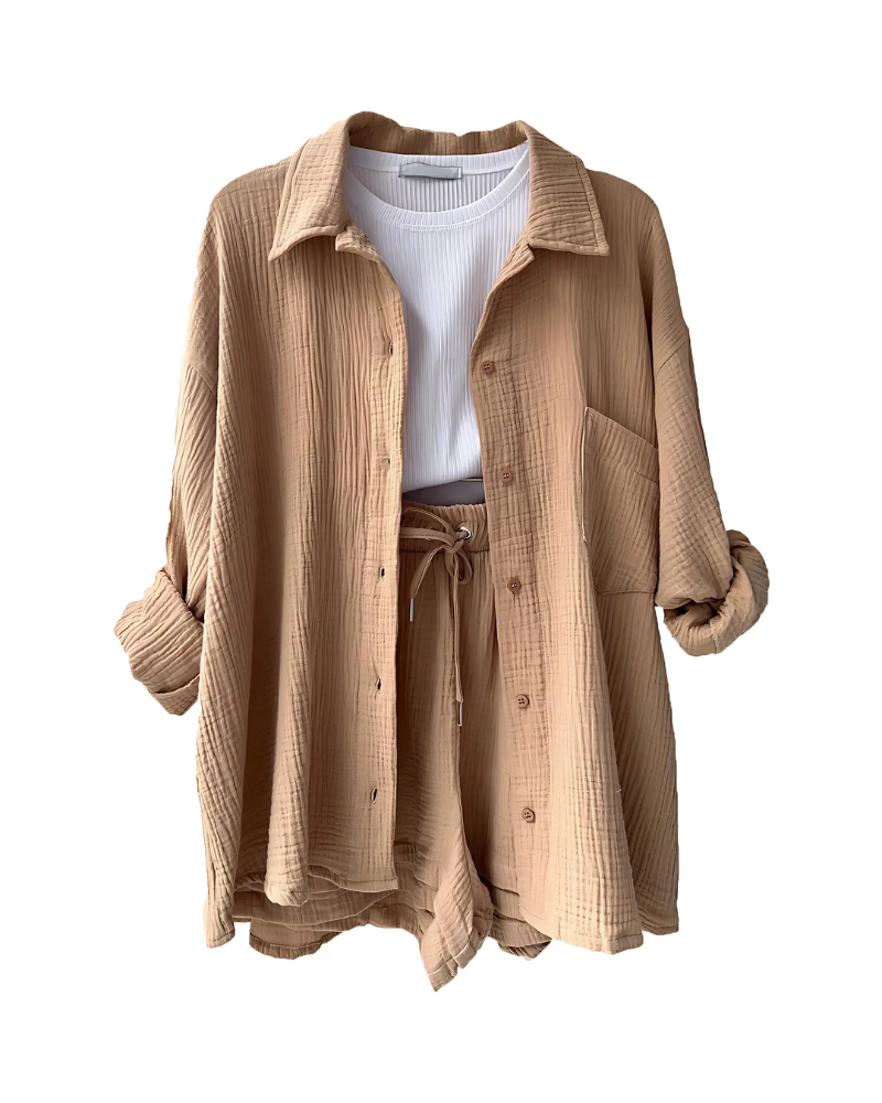 Maylee – Conjunto de camisa abotonada y pantalones cortos con textura