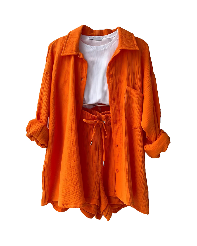 Maylee – Conjunto de camisa abotonada y pantalones cortos con textura