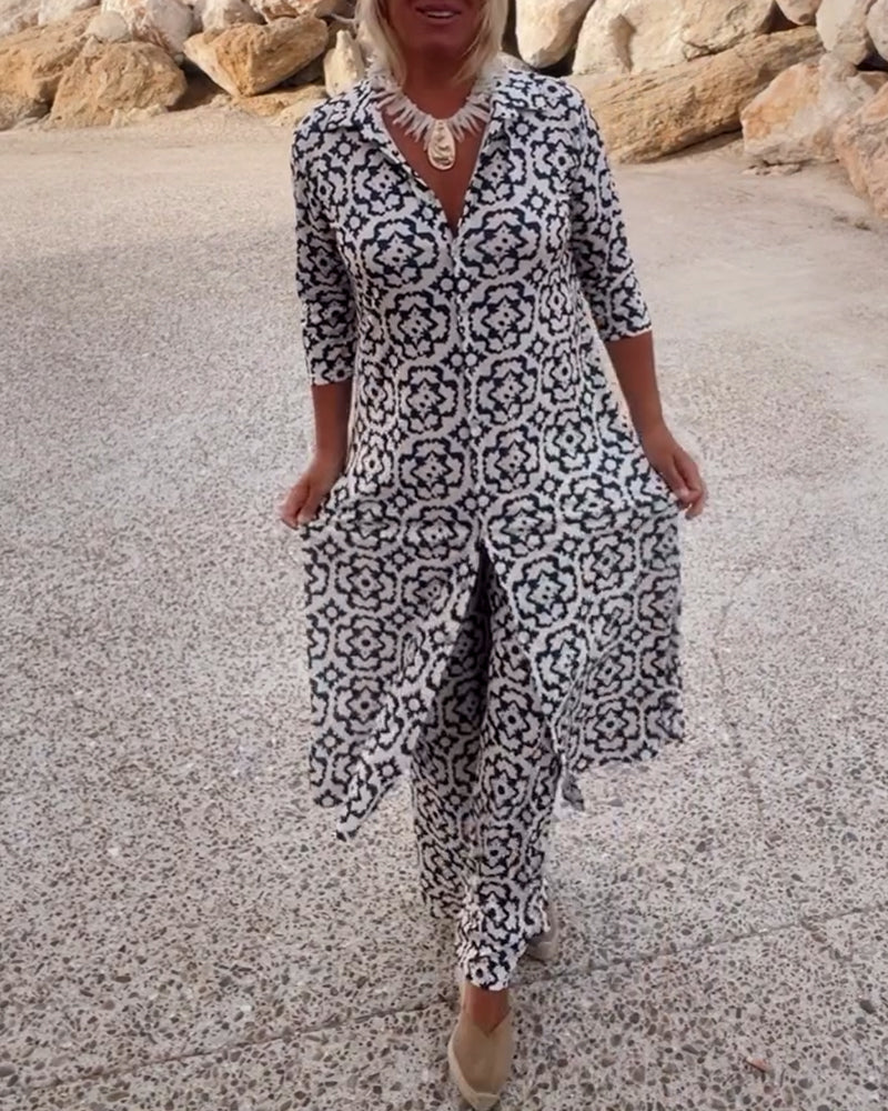 Livia - Conjunto vintage estampado con solapas y botones