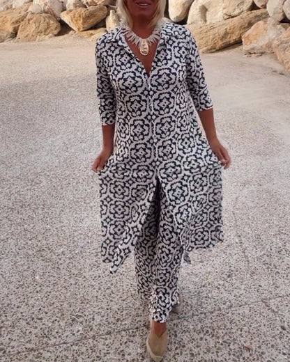 Livia - Conjunto vintage estampado con solapas y botones