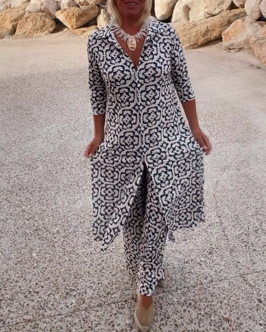 Livia - Conjunto vintage estampado con solapas y botones