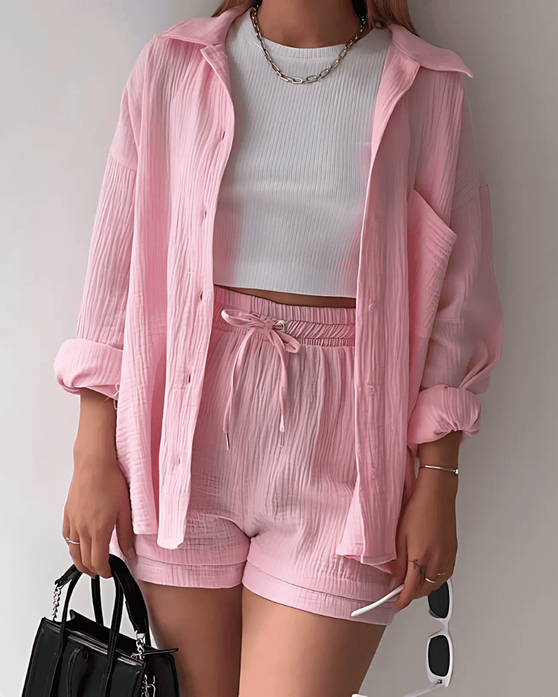 Maylee – Conjunto de camisa abotonada y pantalones cortos con textura
