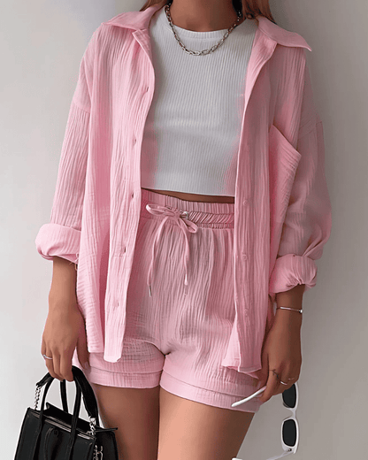 Maylee – Conjunto de camisa abotonada y pantalones cortos con textura