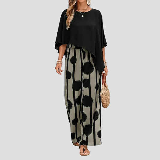 Milavie - Conjunto de mujer a la moda con top asimétrico y pantalón estampado