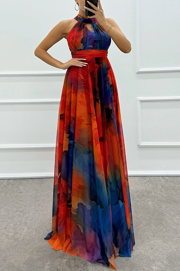 Elaine - Vestido largo de tul con estampado floral, aberturas y cuello halter