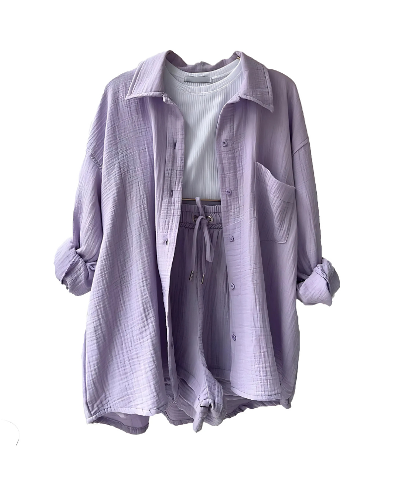 Maylee – Conjunto de camisa abotonada y pantalones cortos con textura