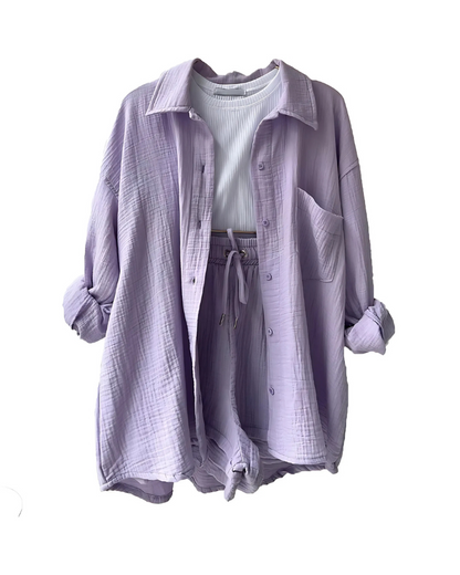 Maylee – Conjunto de camisa abotonada y pantalones cortos con textura