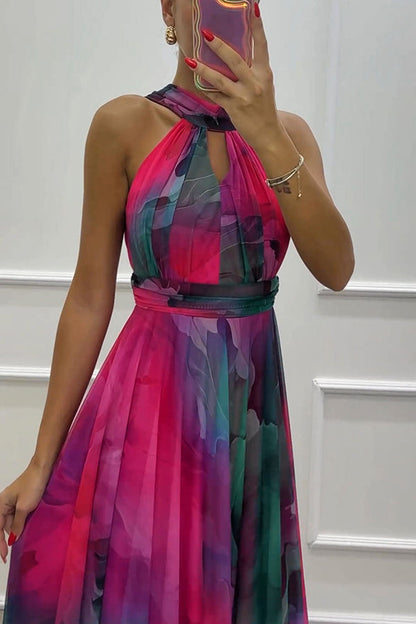 Elaine - Vestido largo de tul con estampado floral, aberturas y cuello halter