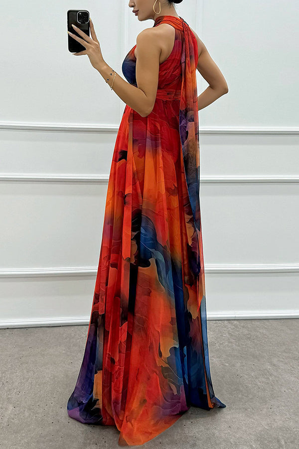 Elaine - Vestido largo de tul con estampado floral, aberturas y cuello halter