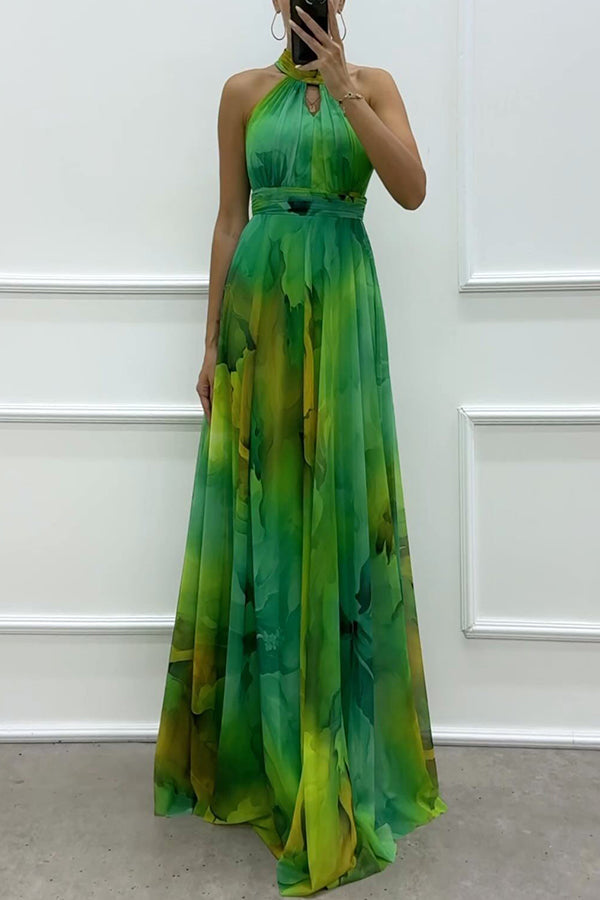 Elaine - Vestido largo de tul con estampado floral, aberturas y cuello halter