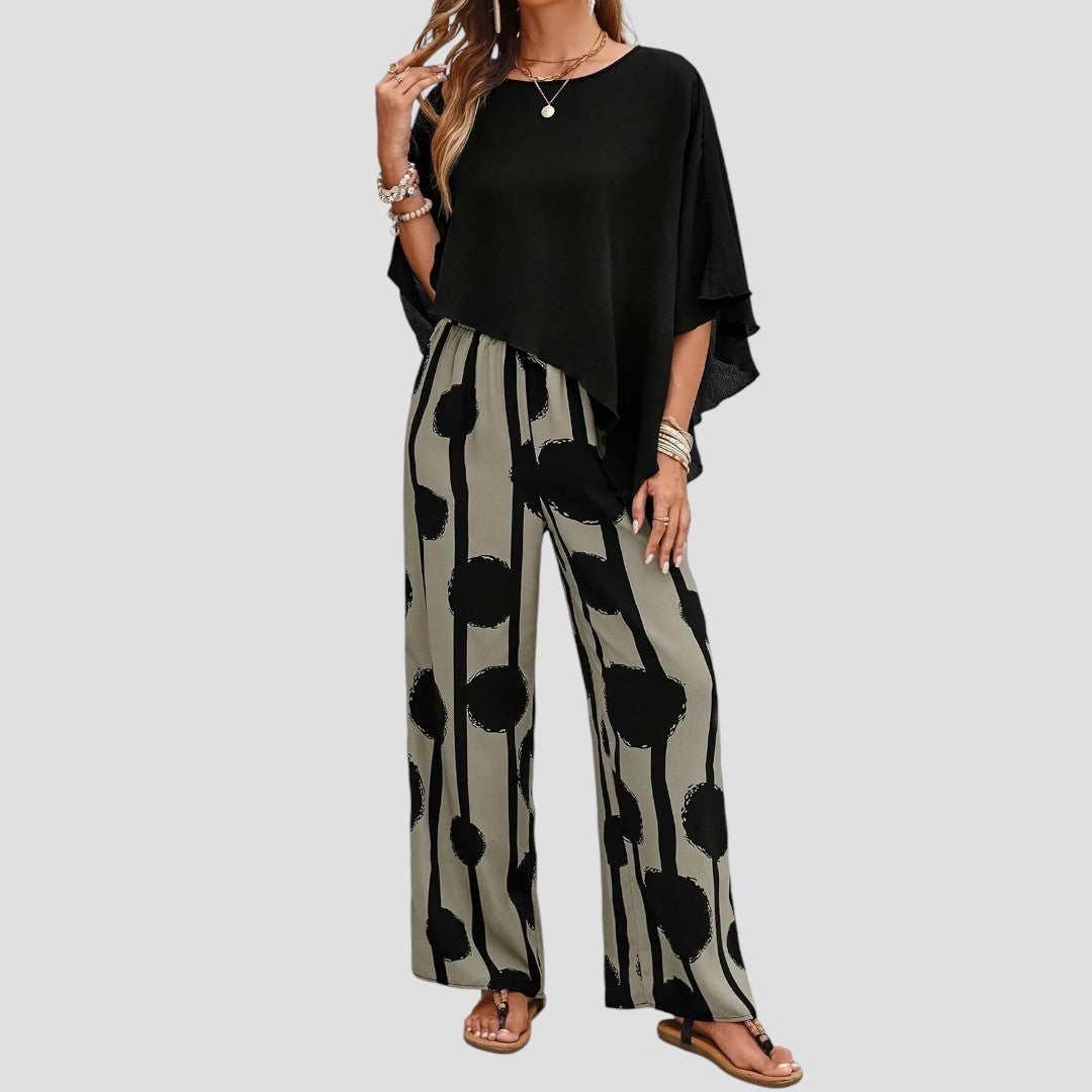 Milavie - Conjunto de mujer a la moda con top asimétrico y pantalón estampado