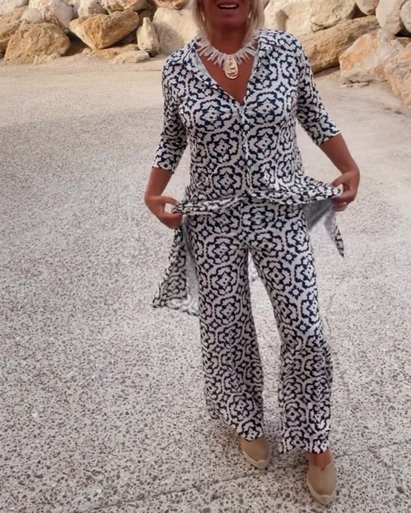 Livia - Conjunto vintage estampado con solapas y botones